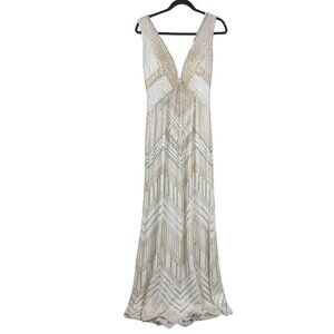 Jovani Beaded Sequins Plunging Neck Long Evening Prom Dress Ivory Size 6